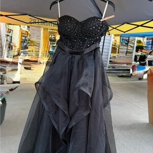 Strapless Rhinestone Corset Style Dress with Flowy Long Train